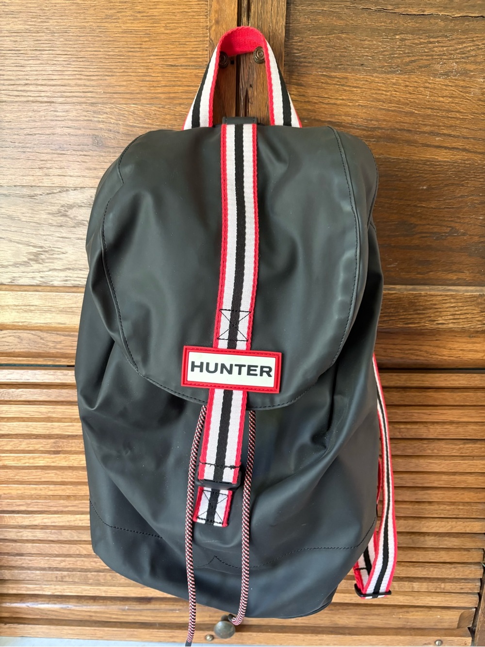 Hunter Black Backpack with Red, White and Black Striped Trim